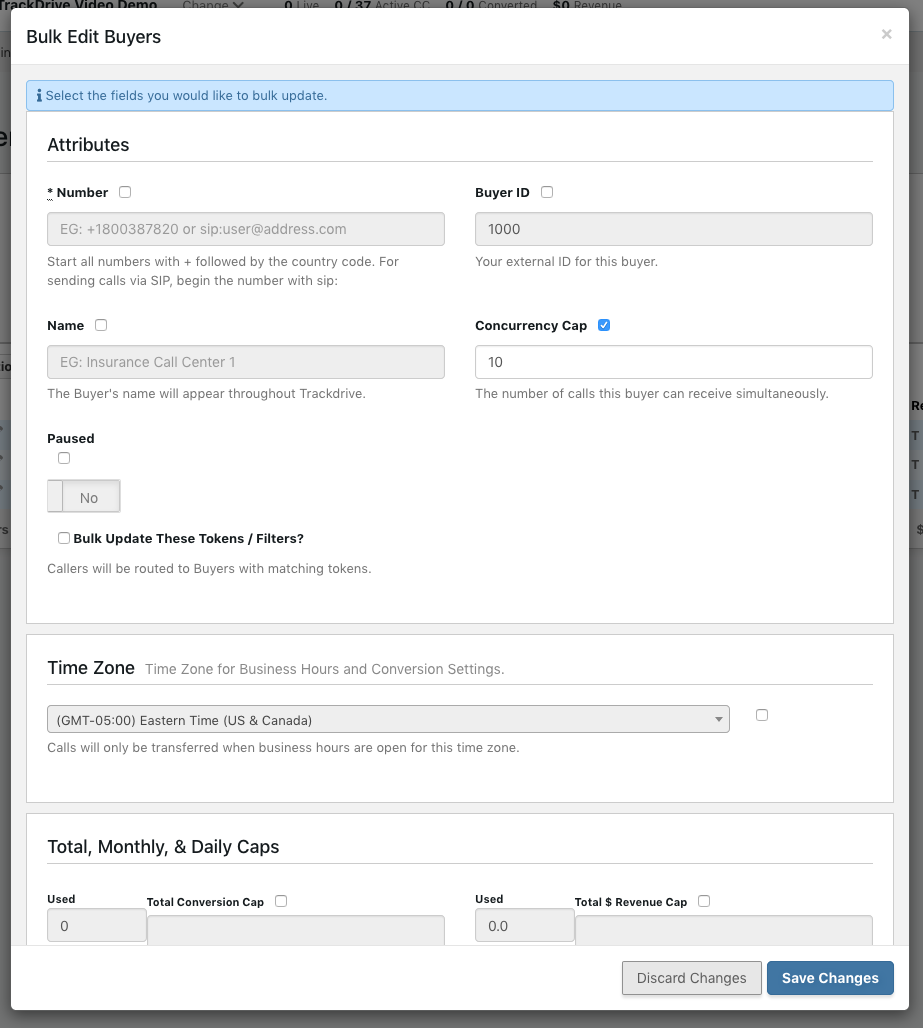 Trackdrive bulk update step 2 select the fields you want to change.